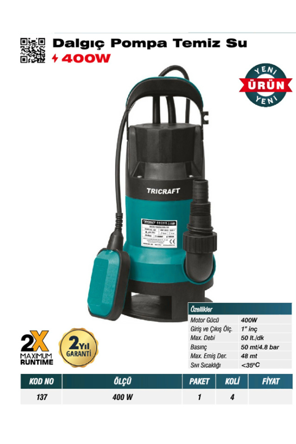 TRİCRAFT 137 DALGIÇ POMPA TEMİZ SU 400 W (PK 1-KL 4)