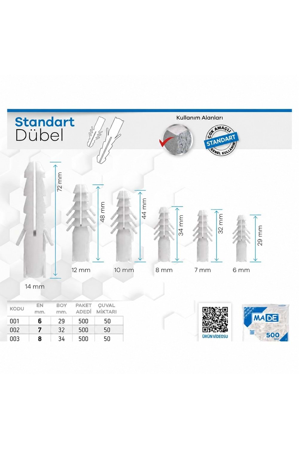MADE PLASTİK DÜBEL 7 MM 500 LÜ