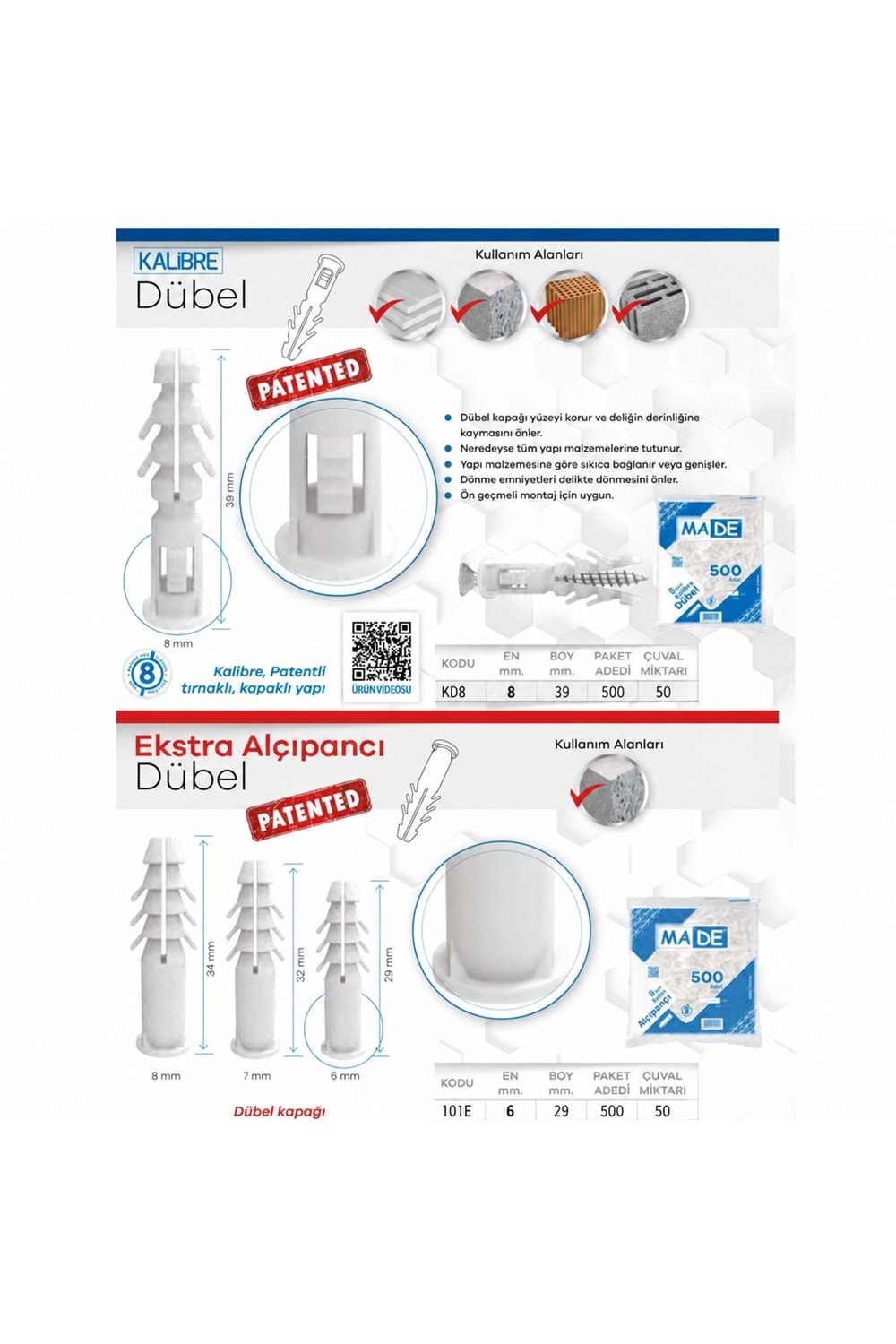 MADE KALİBRE DÜBELİ 100 LÜ TAKIM BEYAZ