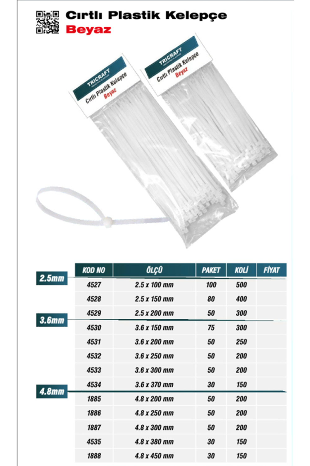 TRİCRAFT 4534 CIRTLI PLS KELEPÇE BEYAZ 3,6*370 MM (PK 30-KL 150)