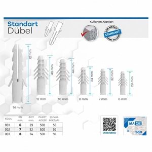 MADE PLASTİK DÜBEL 6 MM 500 LÜ