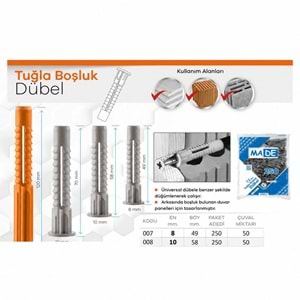 MADE TUĞLA BOŞLUK DÜBELİ 8 MM 250 Lİ