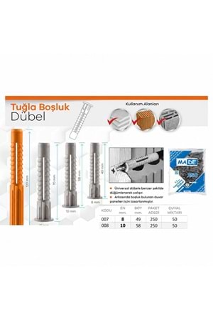 MADE TUĞLA BOŞLUK DÜBELİ 8 MM 250 Lİ