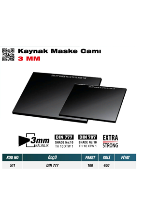 MEŞEM 511 KAYNAK MASKE CAMI 3mm-DIN 777 (PK 100-KL 400)