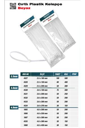 TRİCRAFT 4533 CIRTLI PLS KELEPÇE BEYAZ 3,6*300 MM (PK 50-KL 200)
