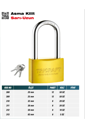 TRİCRAFT 313 ASMA KİLİT SARI UZUN 63mm (PK 6-DÜZ 5)