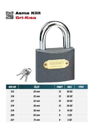 TRİCRAFT 320 ASMA KİLİT GRİ KISA 63mm (PK 6-DÜZ 5)