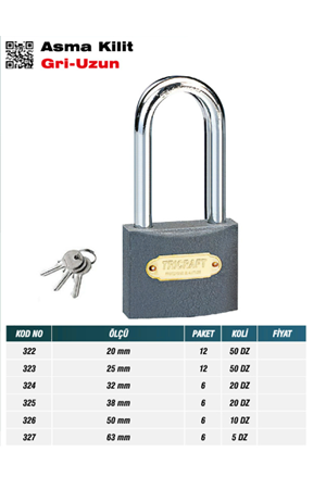 TRİCRAFT 324 ASMA KİLİT GRİ UZUN 32mm (PK 6-DÜZ 20)