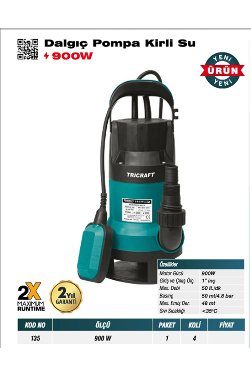 TRİCRAFT 135 DALGIÇ POMPA KİRLİ SU 900 W (PK 1-KL 4)