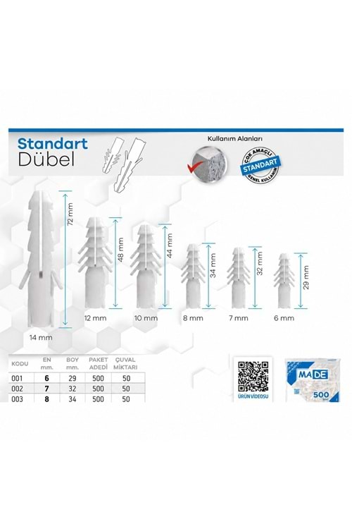 MADE PLASTİK DÜBEL 7 MM 500 LÜ