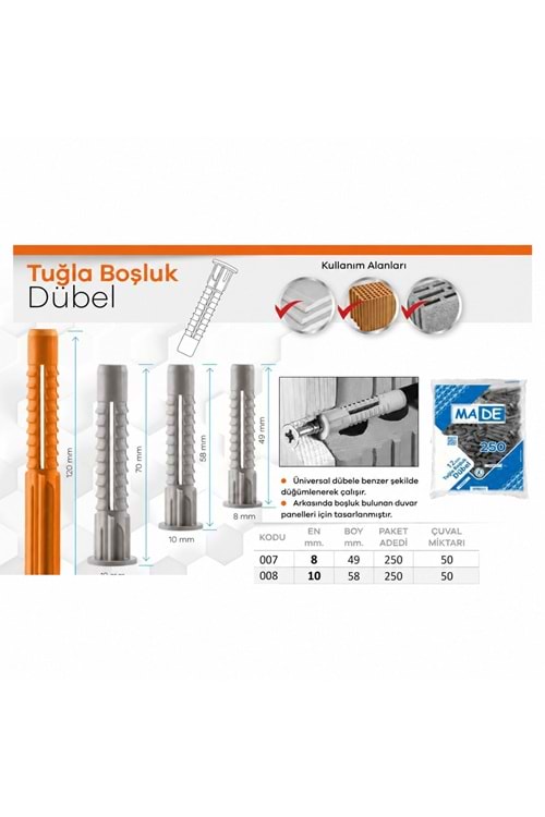 MADE TUĞLA BOŞLUK DÜBELİ 8 MM 250 Lİ