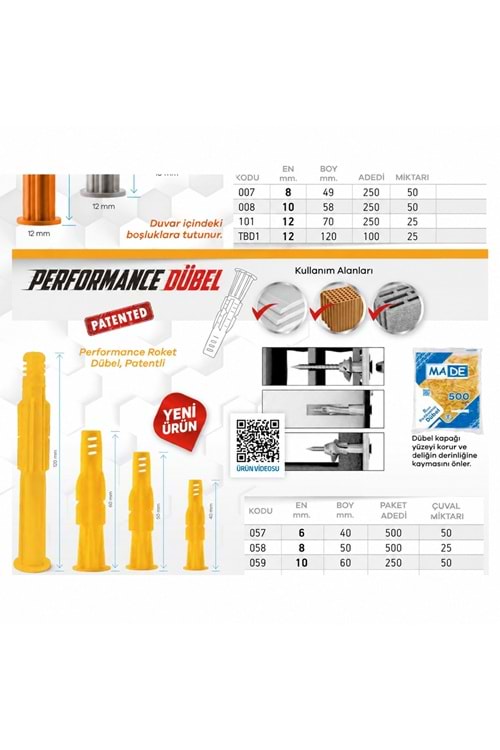MADE PLASTİK PERFORMANCE DÜBEL 10 MM 250 Lİ