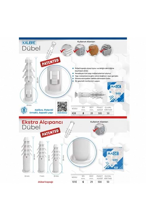MADE KALİBRE DÜBELİ 100 LÜ TAKIM BEYAZ