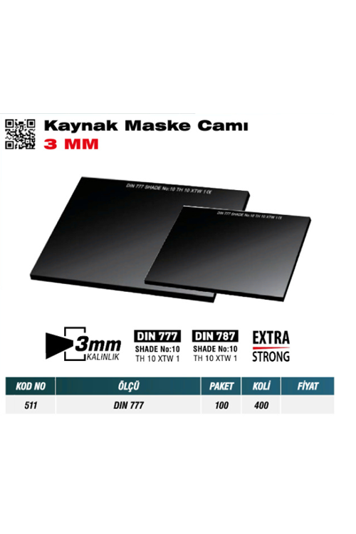 MEŞEM 511 KAYNAK MASKE CAMI 3mm-DIN 777 (PK 100-KL 400)