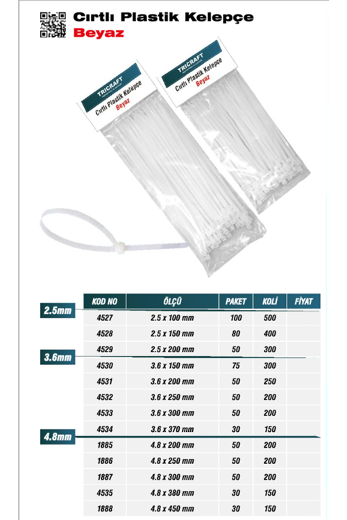TRİCRAFT 4533 CIRTLI PLS KELEPÇE BEYAZ 3,6*300 MM (PK 50-KL 200)
