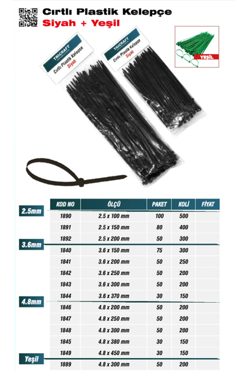 TRİCRAFT 1843 CIRTLI PLS KELEPÇE BEYAZ 3,6*300 MM (PK 50-KL 200)