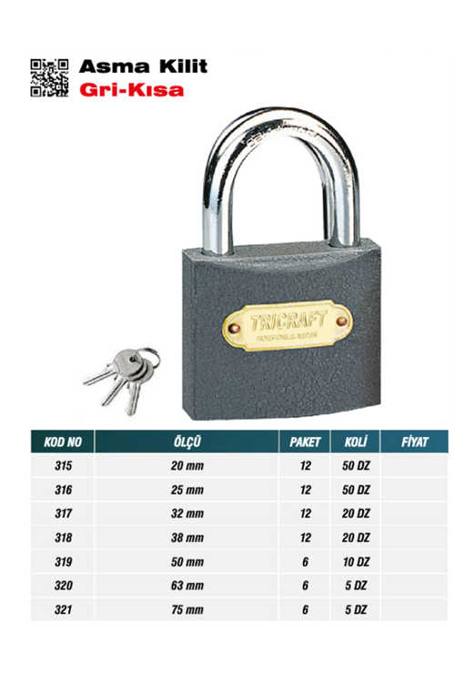 TRİCRAFT 319 ASMA KİLİT GRİ KISA 50mm (PK 6-DÜZ 10)